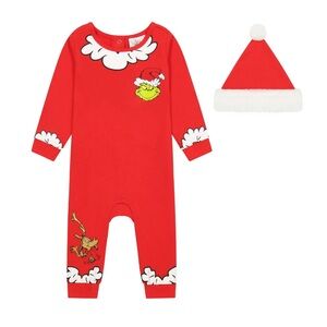 The Grinch Christmas Baby Red Coverall and Santa Hat 🎅 Multiple Sizes